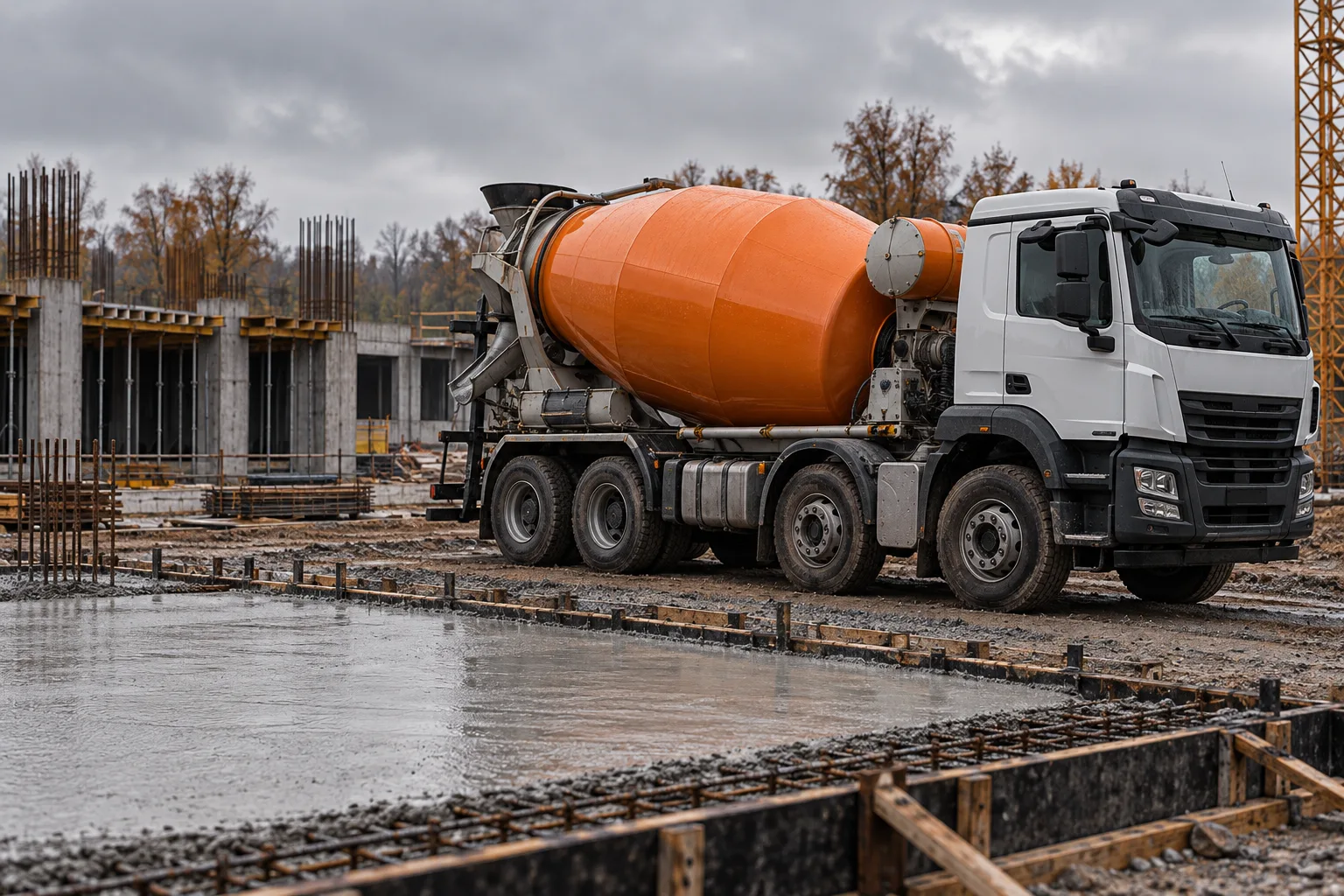 Illustrative Darstellung eines Fahrmischers auf einer Baustelle
